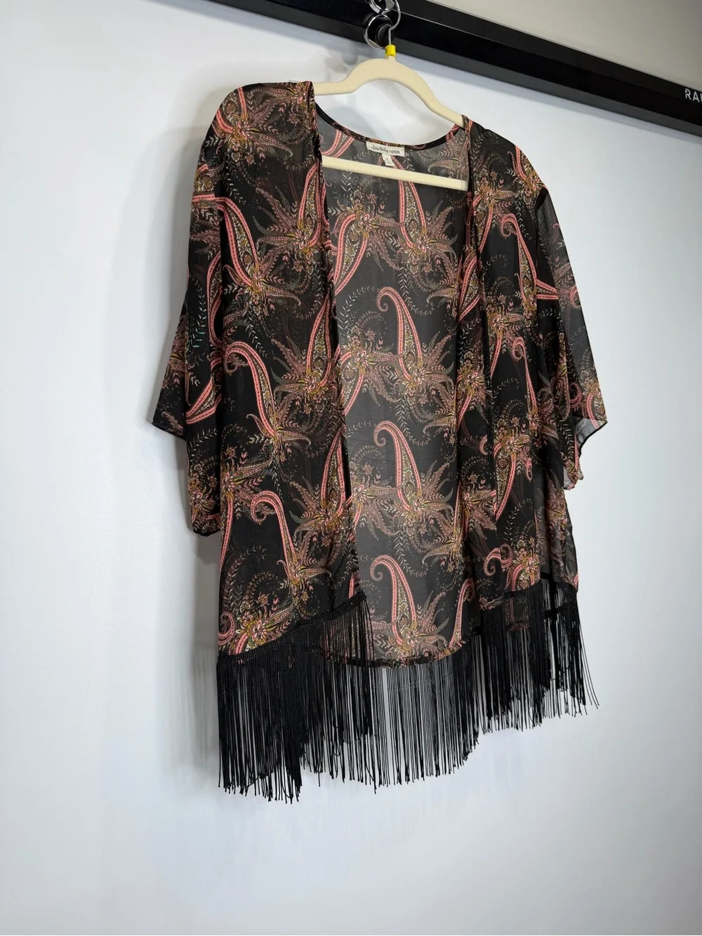 Charlotte Russe Black Paisley Fringe Kimono Cardigan Size M